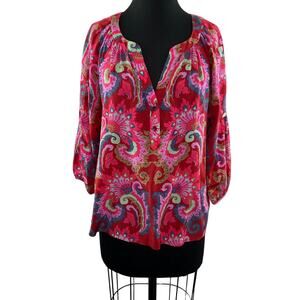 TIBI New YorK Red Tunic Top Silk Paisley Print V-Neck Dropped Shoulder Size 8